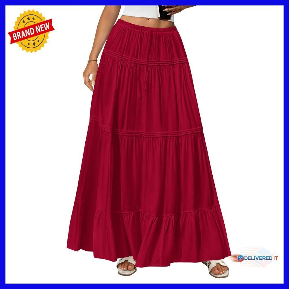 Soft Pleated Maxi Skirt High Waisted Flowy Boho Summer Beach